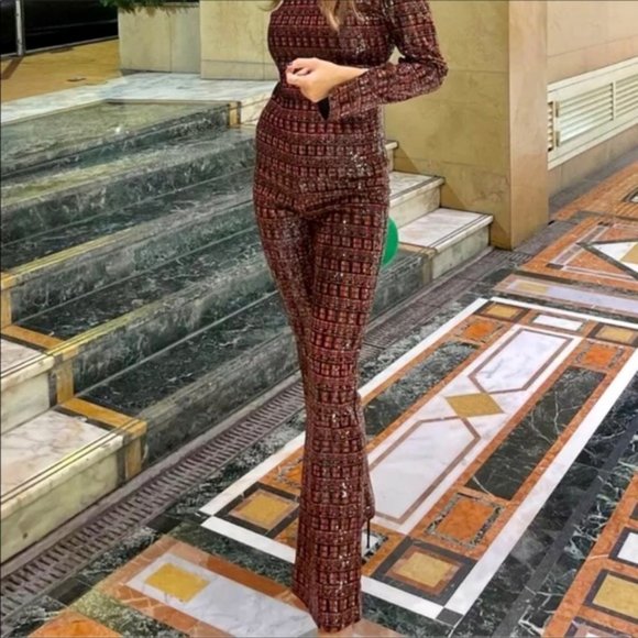 ZARA SEQUIN TOP & PANT SET - Size XS & S . Color - Red, Orange, Brown - Picture 13 of 16